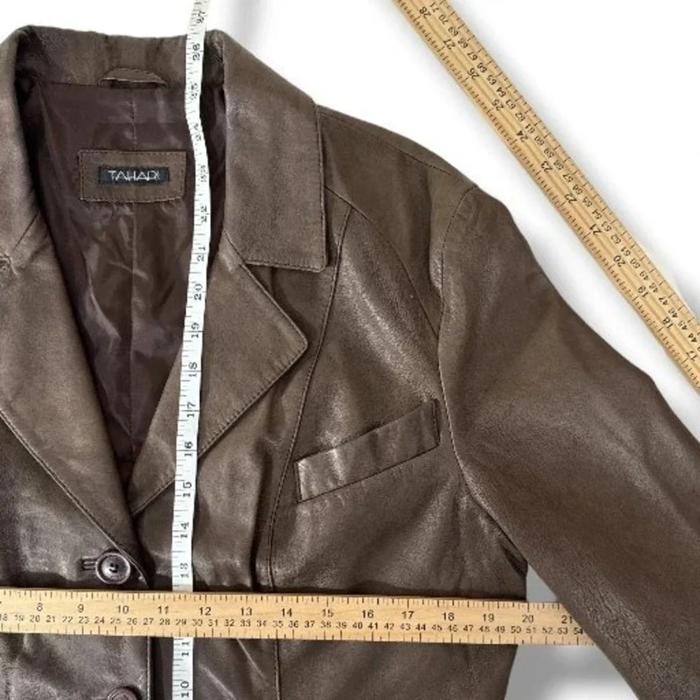 Tahari Leather‎ Blazer Jacket Womens Size L Brown Button Up Long Sleeve Career